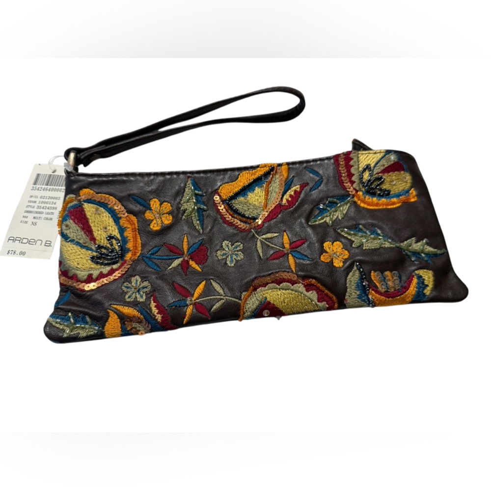 Arden B Brown Leather Wristlet Clutch with Embroidery